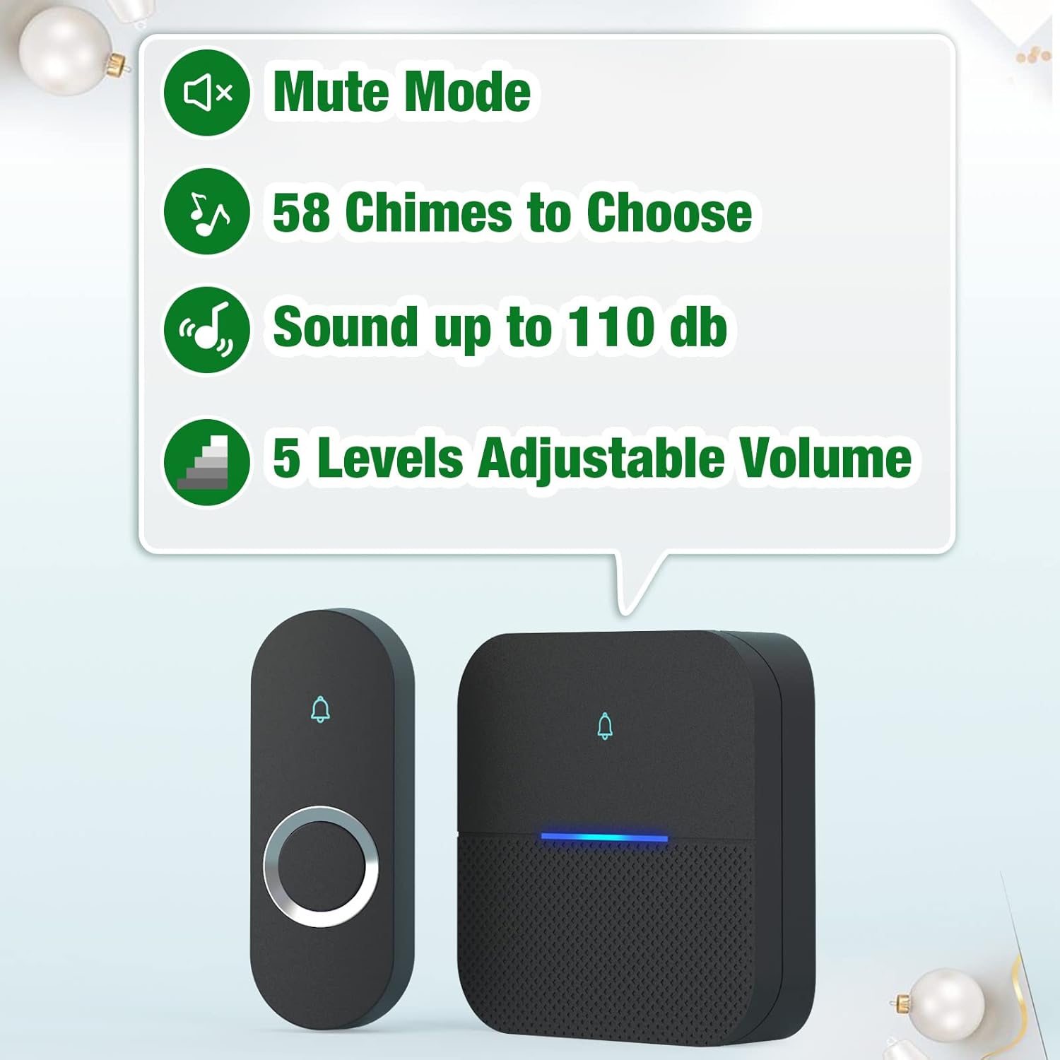 AIDA Lighted Wireless Doorbell for Home, Waterproof Battery Doorbell Wireless 1,000ft Range, 5 Volume Levels with 58 Doorbell Chimes & LED Flash (Black, Doorbell with 1 transmitter & 2 Receiver)