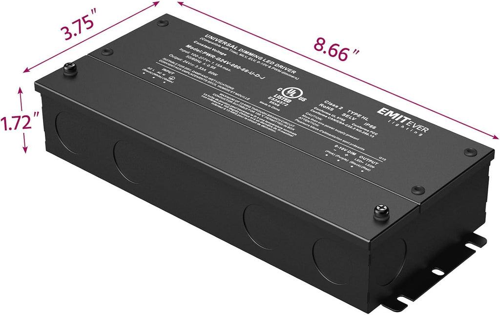 EMITEVER Dimmable Led Driver, 80W AC 110V-277V to DC 24V Transformer, 5-in-1 Dimming: ELV/MLV/TRIAC / 0-10V / 1-10V / 10V PWM/Potentiometer,Class 2,Waterproof IP67 and UL Listed，Class 2