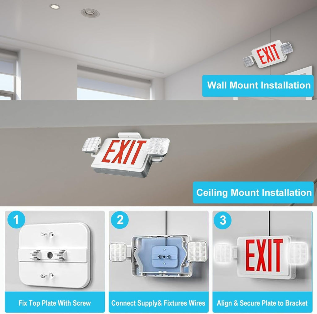Double Sided LED Emergency EXIT Sign, Exit Combo Remote Capable, 2 LED Lights, Backup Battery, US Standard Red Letter, Commercial Grade, 120-277V, FireResistant(UL 94V-0) - 4 Pack