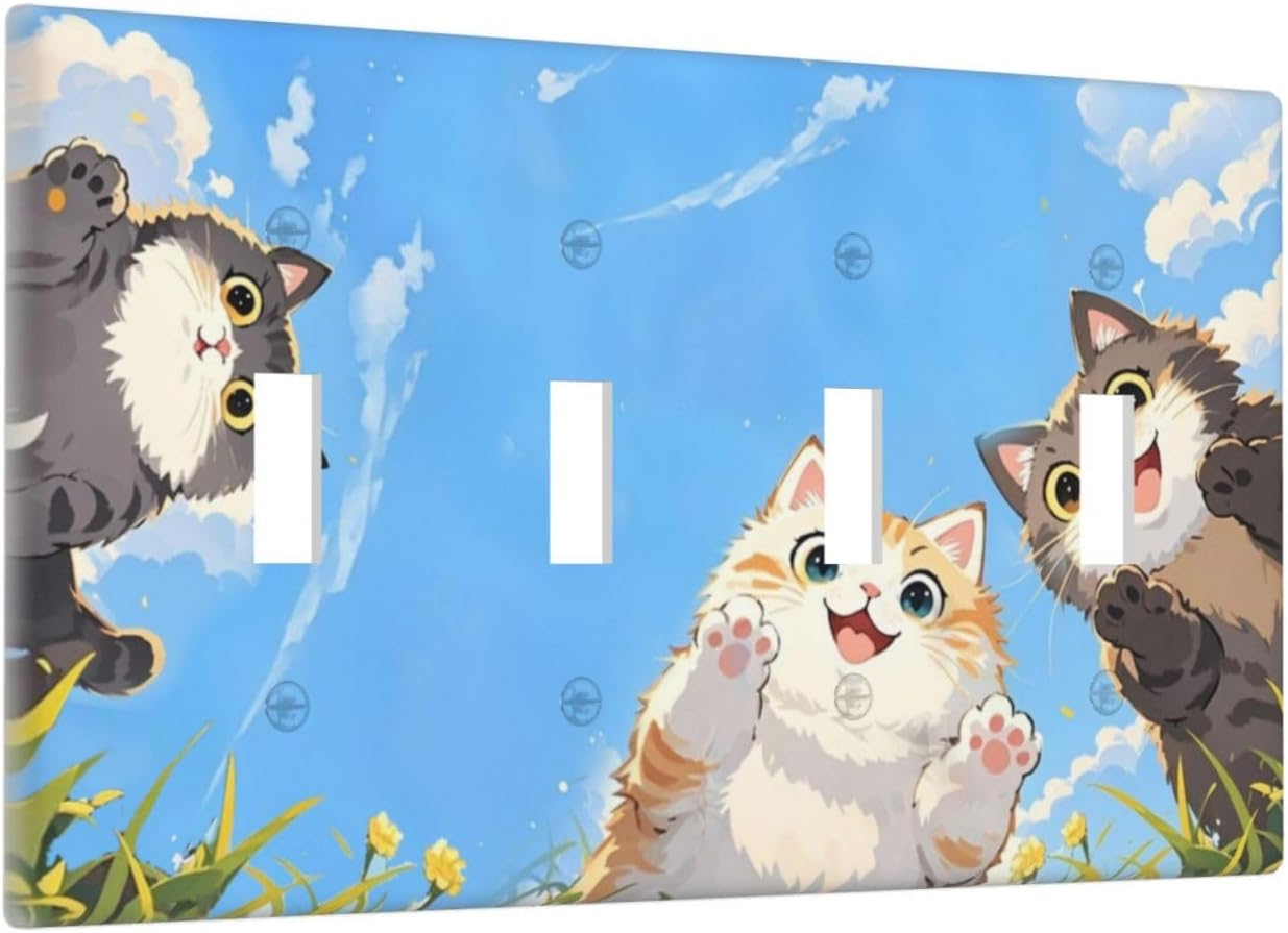Light Switch Covers Orange Gray Cute Cat Sky Cloud Cat S Paw Quad Toggle Electrical Faceplate 4 Gang Wall Plate Decorative Switch Plates For Kids Room Nursery Decor