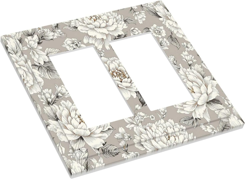 White Poppies Floral Modern Grey Peonies Flowers Decorative Outlet Covers 2 Gang Double GFCI Rocker Light Switch Cover Plate Electrical Wall Panels for Bedroom Bathroom Decor