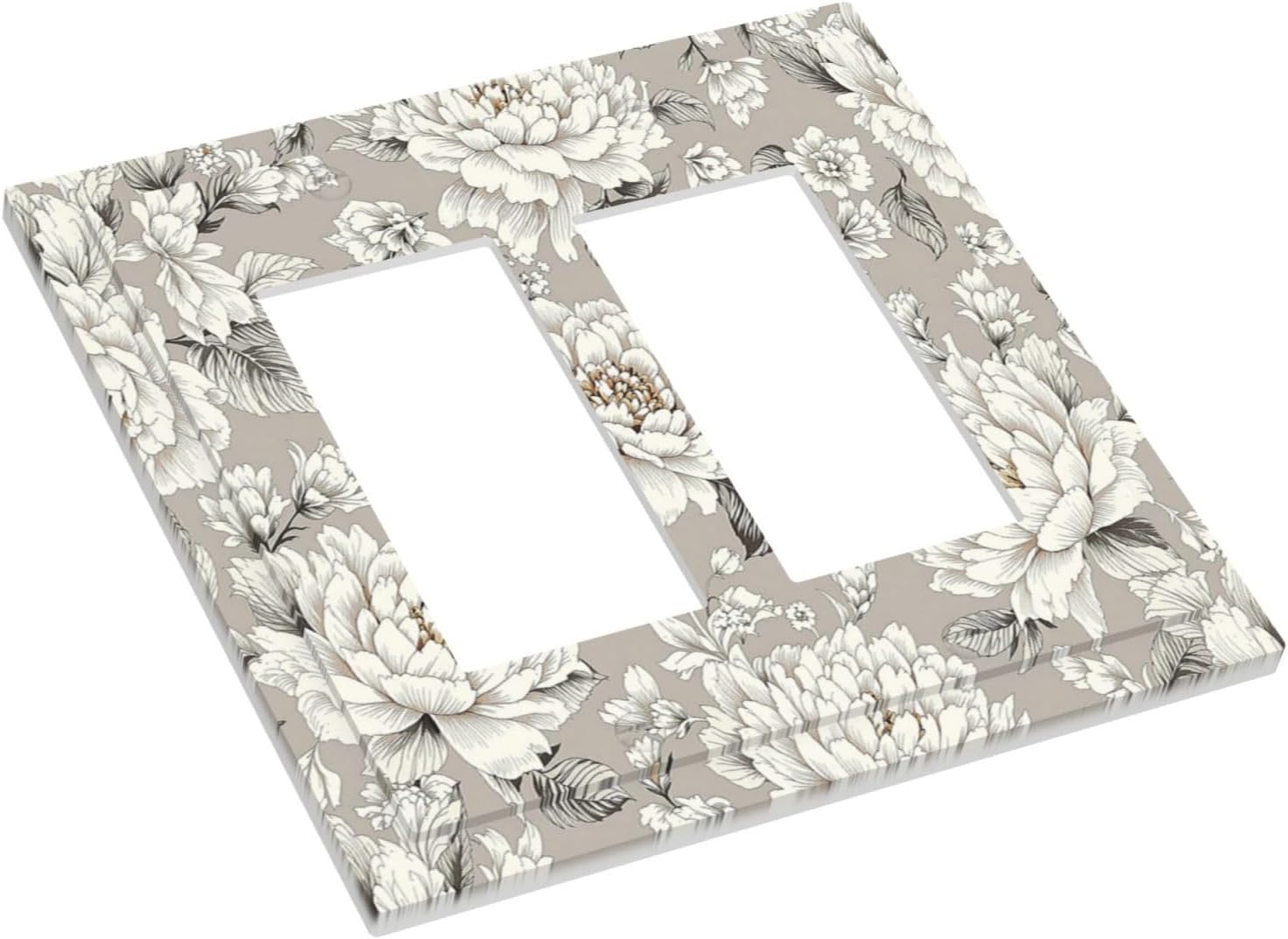 White Poppies Floral Modern Grey Peonies Flowers Decorative Outlet Covers 2 Gang Double GFCI Rocker Light Switch Cover Plate Electrical Wall Panels for Bedroom Bathroom Decor