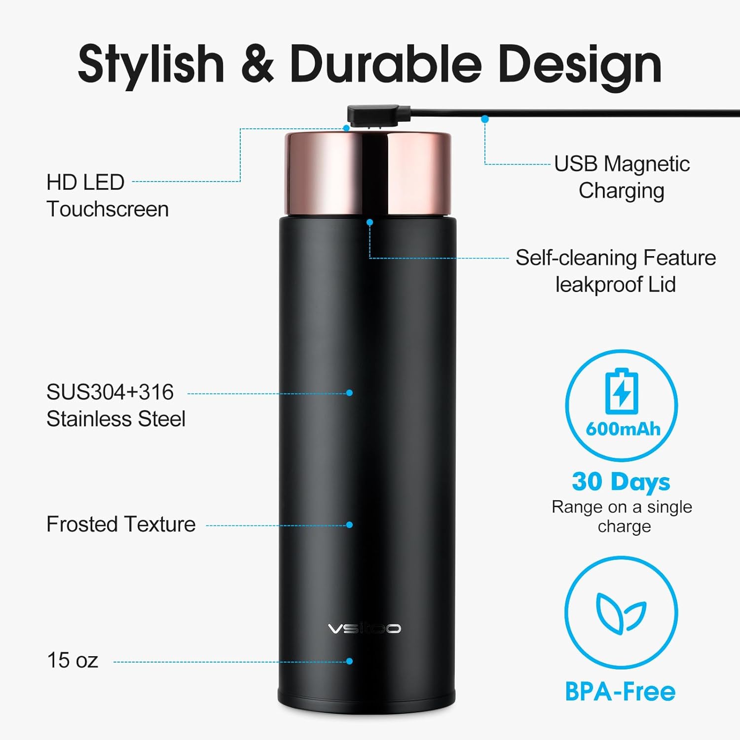 Vsitoo Smart self cleaning Insulated Water Bottle, 15oz Stainless Steel Vacuum Flask, AI Self-Clean, 30-Day Battery Life, BPA-Free, Magnetic Charging, Portable Travel Mug Gifts for Men Women, Black