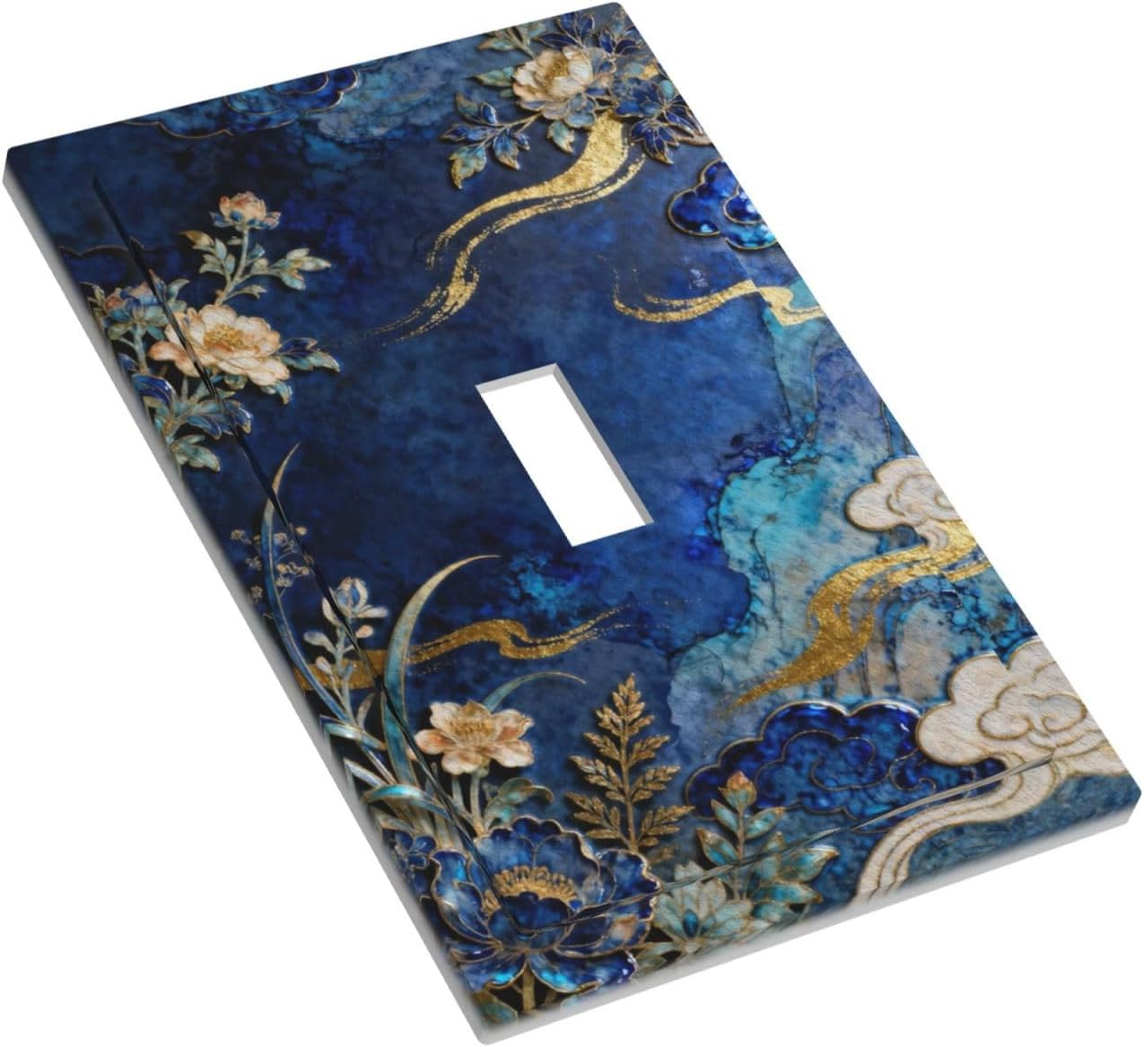 Decorative Light Switch Cover Plate Blue White Flower Gold Line Cloud 1 Gang Single Toggle Wall Plates for Electrical Outlet Covers Switch Plate Covers Faceplate for Bedroom Home Decor