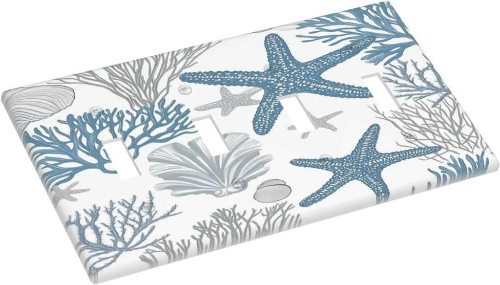 Blue Starfish Nautical Beach Conch Coastal Coral Shell Light Switch Covers Quad Toggle Electrical Faceplate 4 Gang Wall Plate Decorative Switch Plates For Kids Room Bathroom Decor