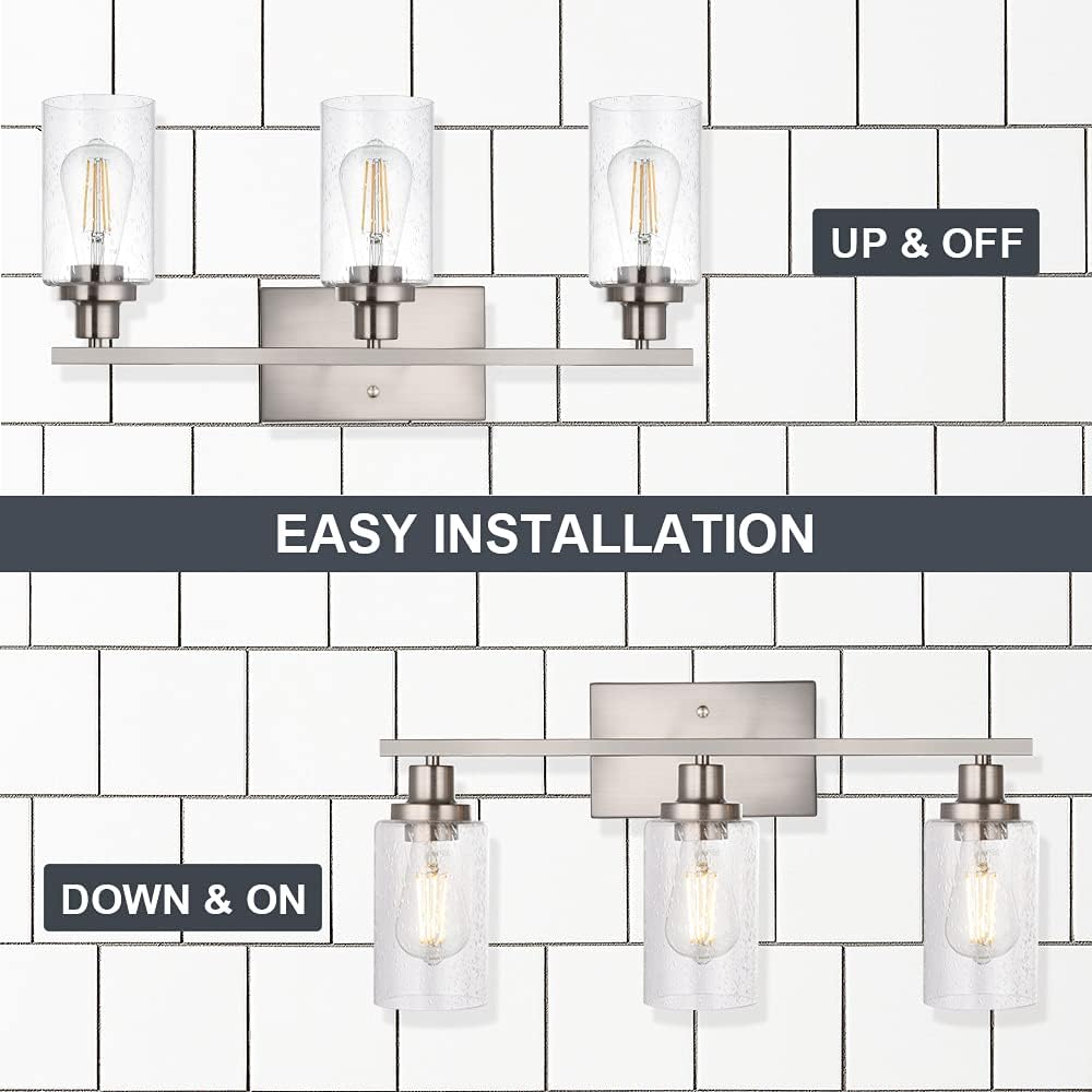 Bathroom Light Fixtures 3-Lights Seeded Glass in Brushed Nickel Finish, 23.6-Inches Vanity Lighting Bath Wall Mount Lamp for Kitchen Living Room Workshop