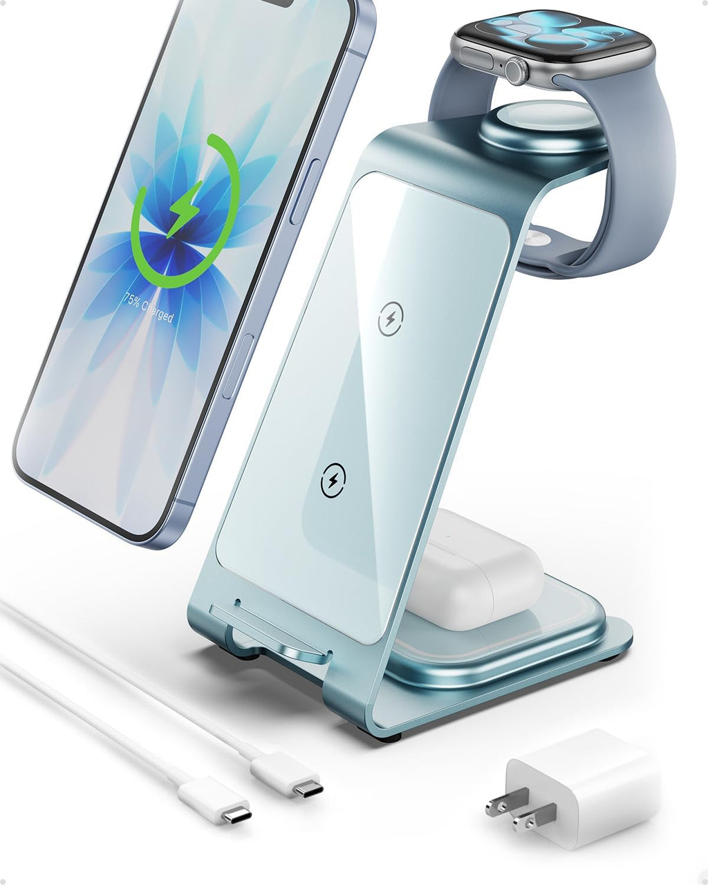 Intoval 3 in 1 Wireless Charging Station for iPhone 17 16 15 14 13 12 11 Pro Max X XS XR, Aluminum Unibody Wireless Charger for Apple Watch 11 10 9 8 7 Ultra SE 3 2, for AirPods 4 Pro 2 3 (Blue)