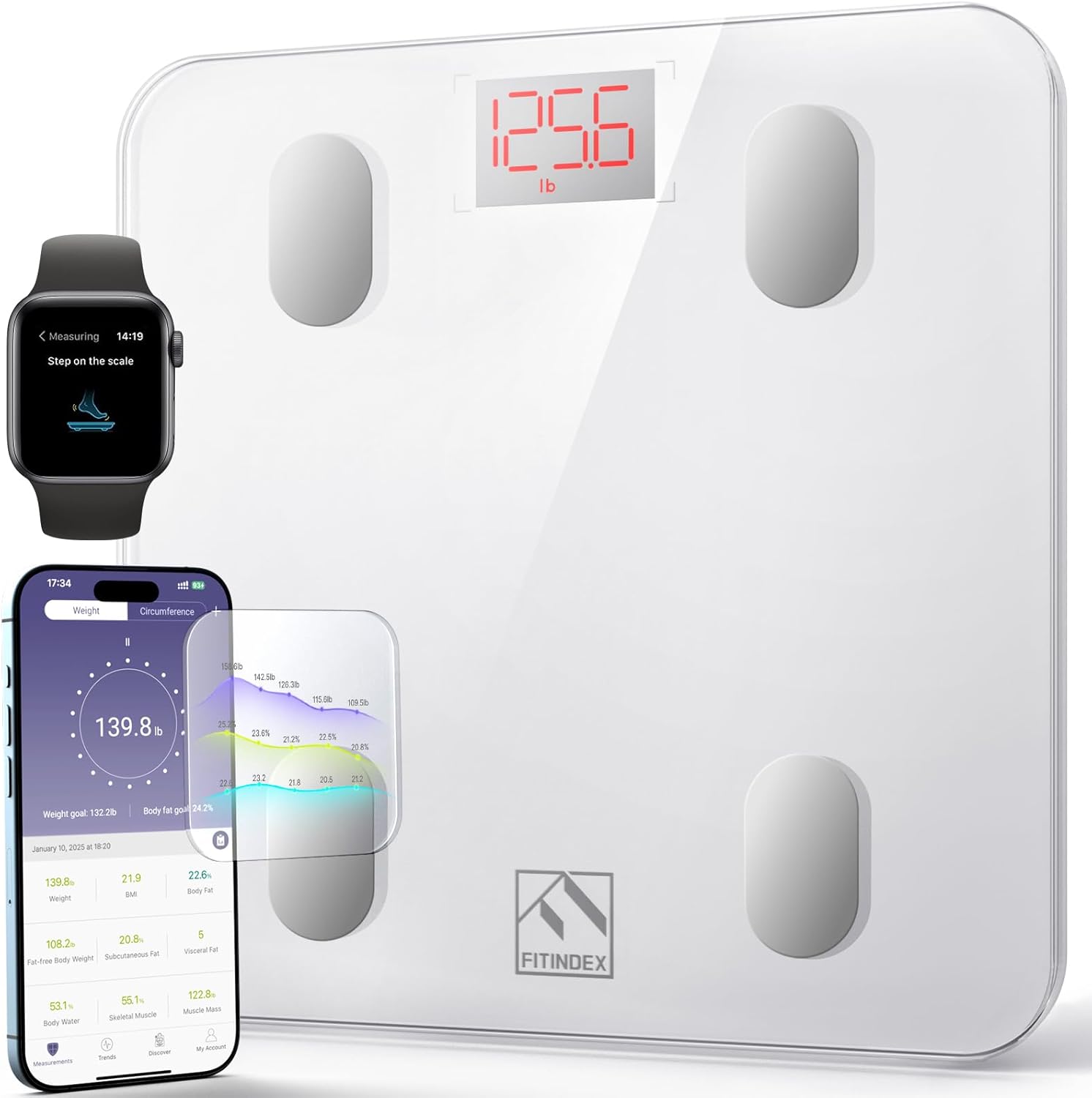 FITINDEX Smart Scale for Body Weight, Scale with BMI, Body Fat, Muscle Mass, Bluetooth,13 Body Composition Analyzer, Sync APP, Digital Bathroom, 400lb, White