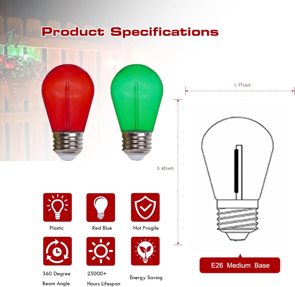 Jslinter Colored String LED Light Bulbs - 1 watt Plastic Outdoor Indoor S14 Bulbs for Christmas String Light Replacement - Shatterproof - E26 Base - 24Pack - Red/Green