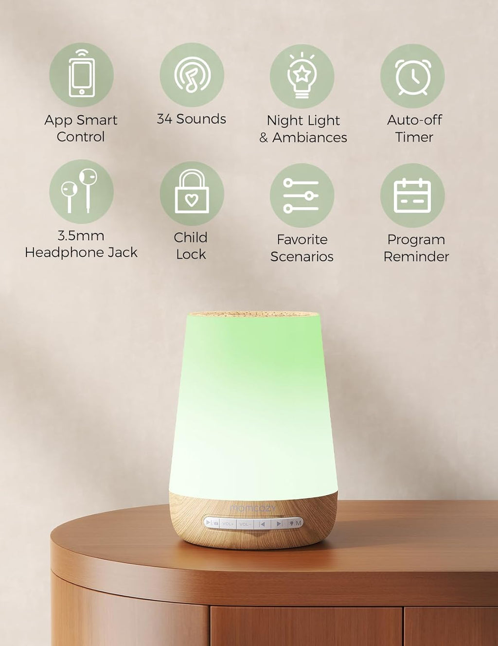 Baby Sound Machine, Momcozy White Noise Machine for Baby Sleeping with Night Light, Toddler Sleep Trainer with 34 Soothing Sounds, Timer, App Remote Control, Personal Sleep Routine(Wood Grain)