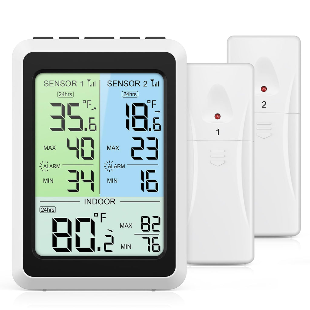 Refrigerator Thermometer with Alarm - 4.5 inch Wireless Fridge Thermometer with 2-Level Backlight, 2 Sensors, Digital Freezer Thermometers with Max/Min Records, for Homes Restaurants Cellars