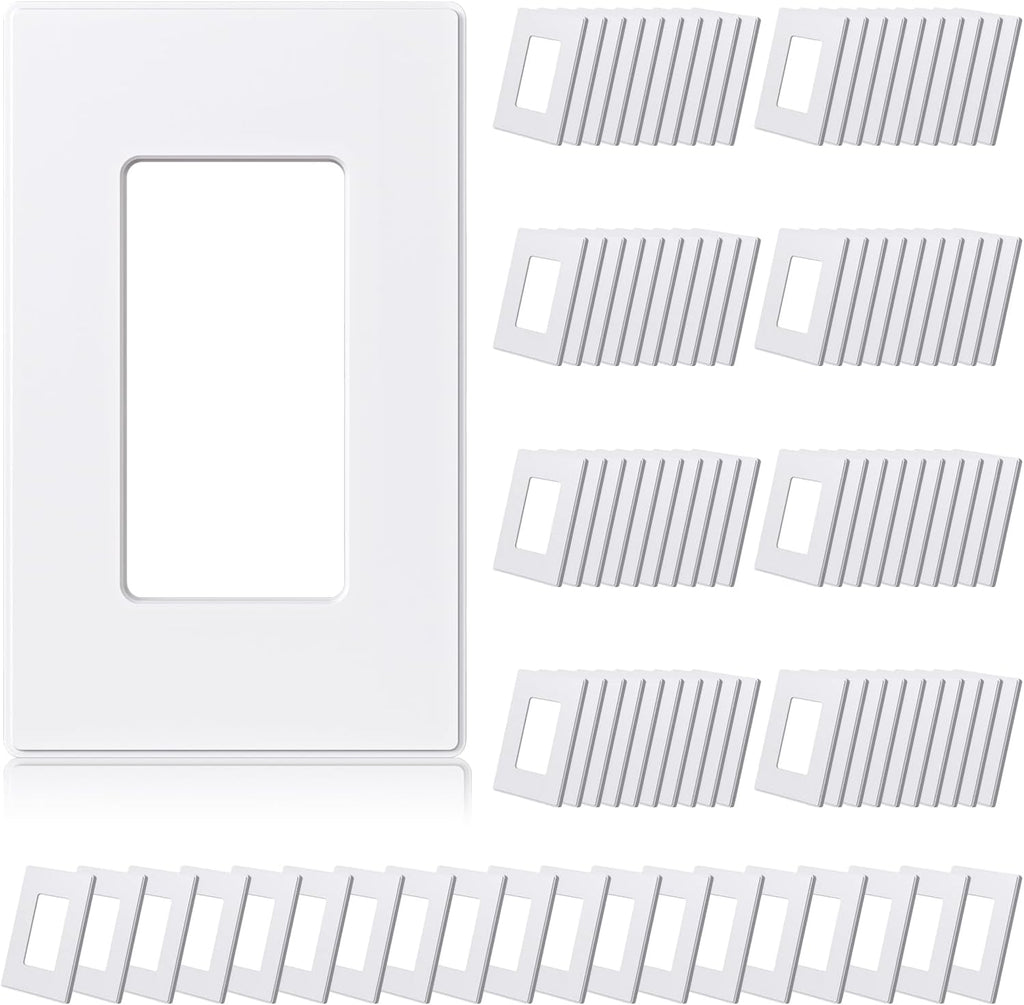ELEGRP Matte White 1-Gang Screwless Decorative Wall Plates, Standard Size Unbreakable Thermoplastic Faceplate Cover for Decorator Receptacle Outlet Switch, UL Listed (100 Pack)