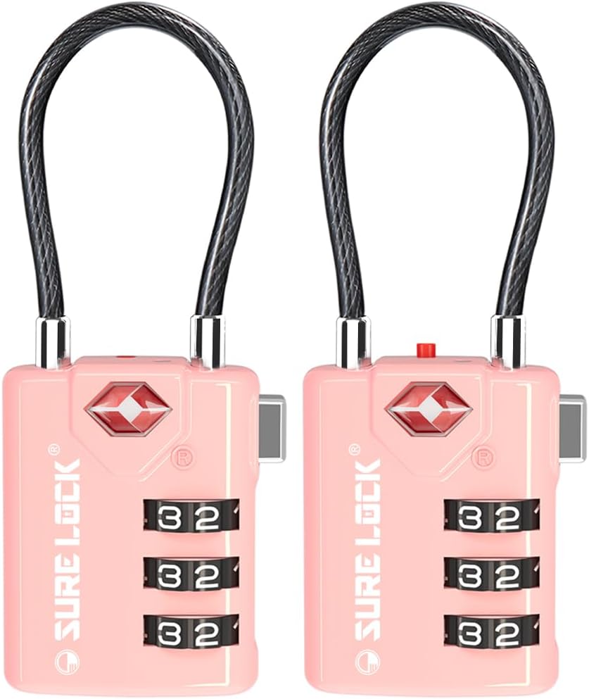 SURE LOCK TSA Compatible Travel Luggage Locks, Inspection Indicator, Easy Read Dials TSA Approved with Zinc Alloy (2, Pink 2 Pack)
