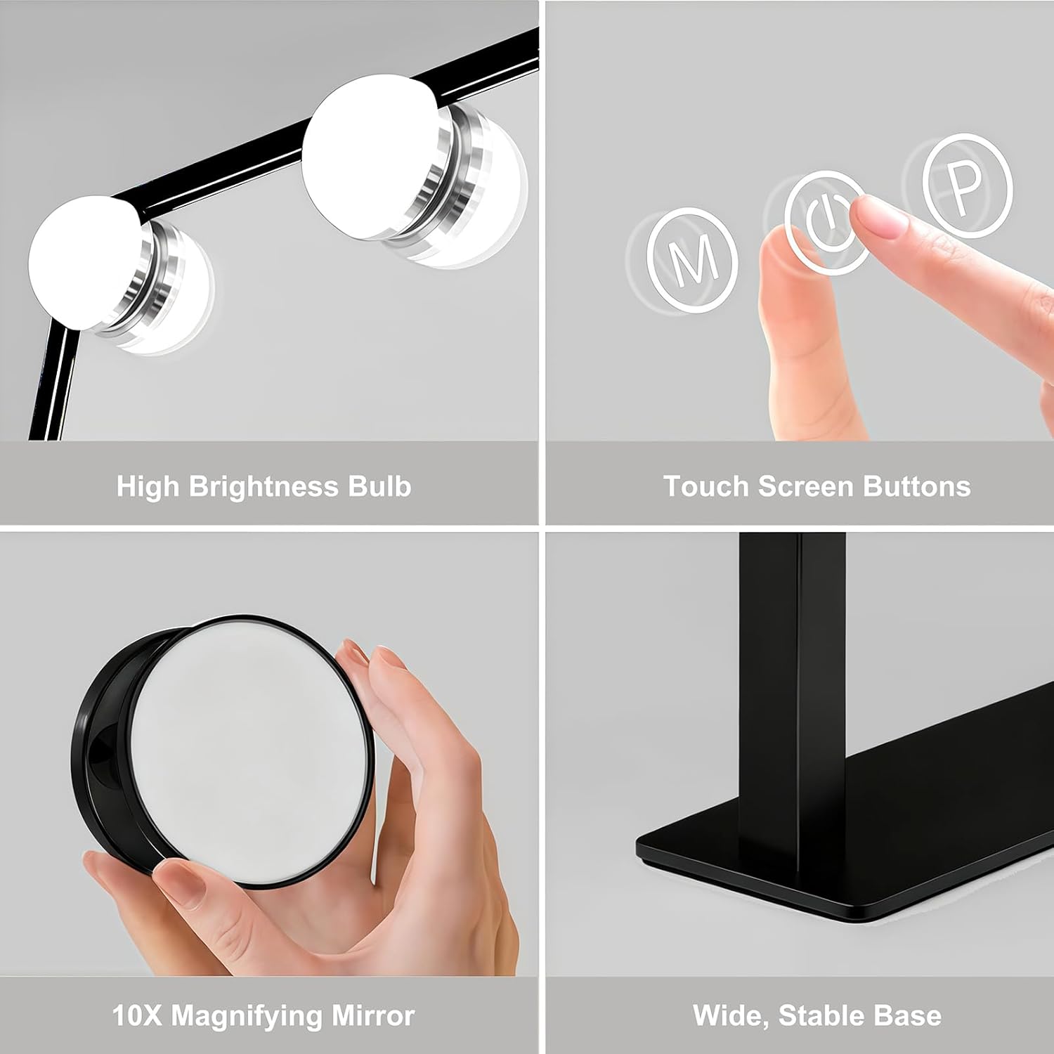 Lighted Vanity Mirror with 9 LED Lights, Detachable 10x Magnifying Mirror, 3-Color dimmable Hollywood Makeup Mirror, Smart Touch Control, Metal Frame, 360-degree Rotation, White/Black (Black)