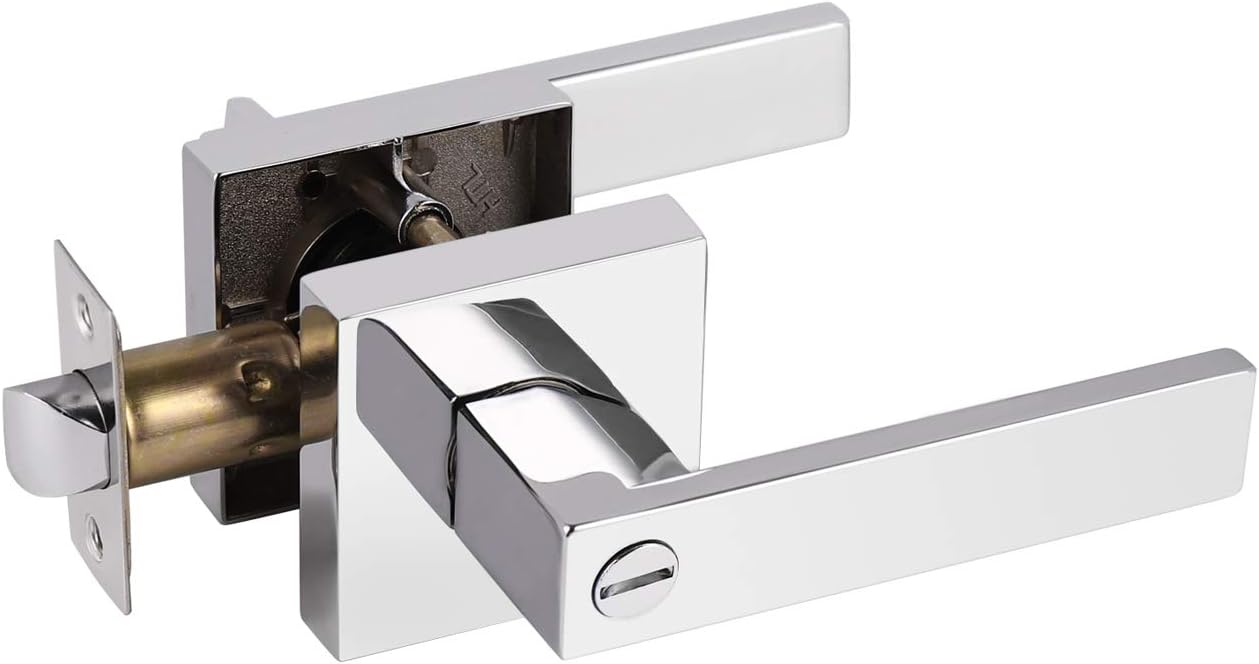 Probrico Heavy Duty Privacy Door Handle Lever with Contemporary Square Design for Home Bedroom or Bathroom in Polished Chrome [Universal Handing] 1 Pack