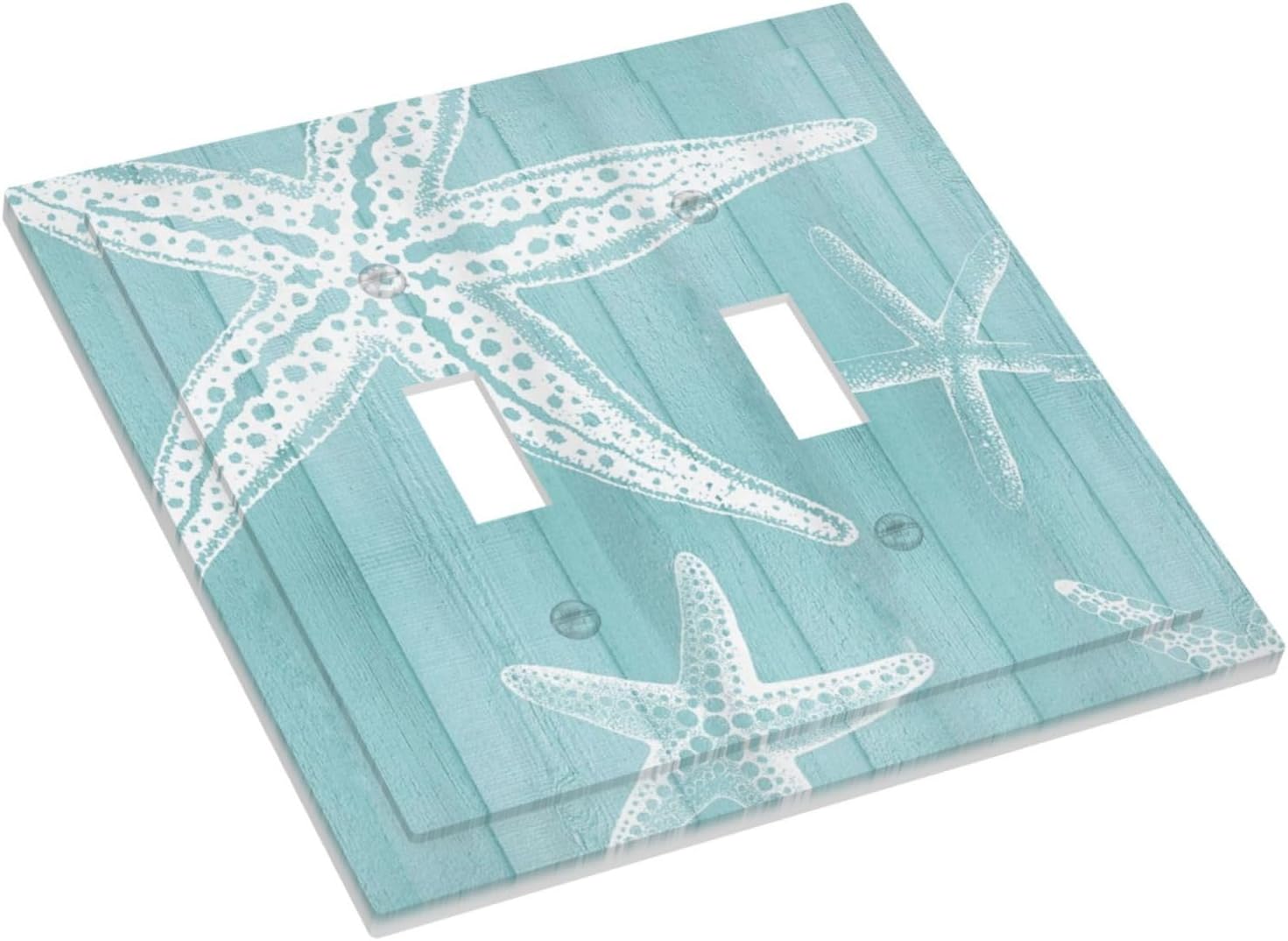 Decorative Light Switch Cover Plate Starfish Teal Wood Board Nautical 2 Gang Outlet Covers Double Toggle Wall Plates for Electrical Outlets Switch Plate Covers Faceplate for Bedroom Home Decor