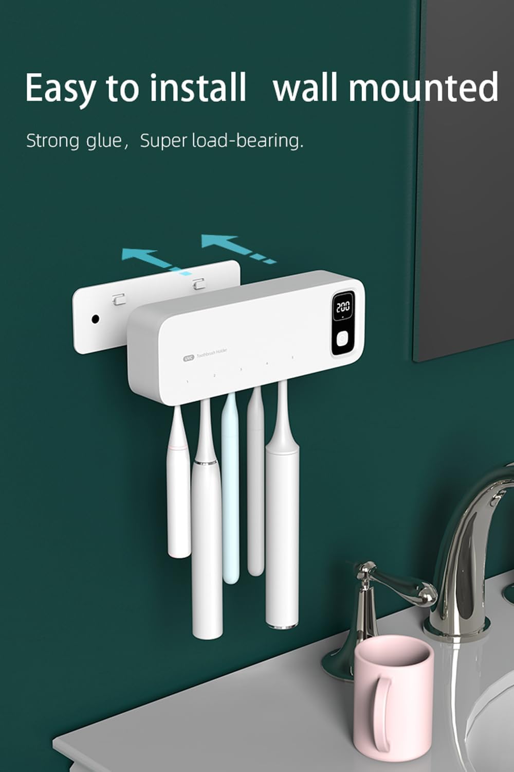 Toothbrush Cleaning Holder, Self Adhesive Toothbrush Cleaner, Timer Function, Toothbrush Sanitizer Bathroom Accessories