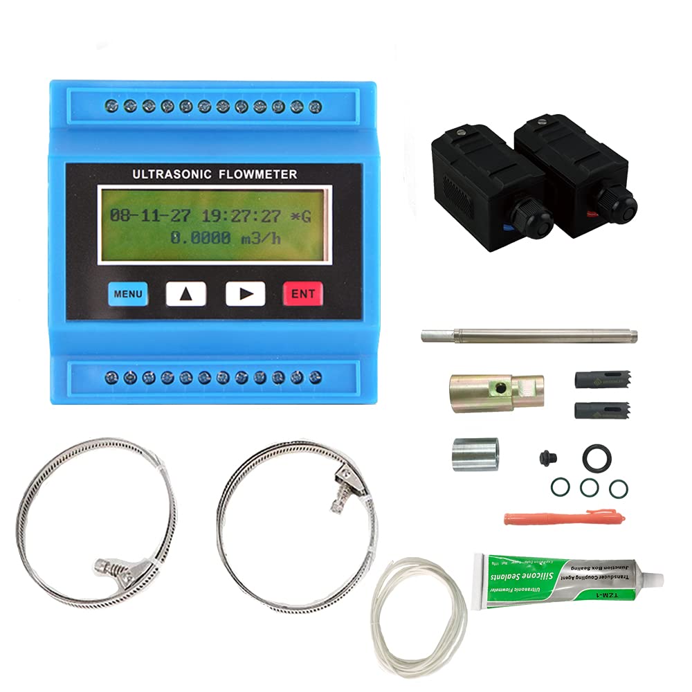 Ultrasonic Flow Meter with External Clamp Sensor Measuring Water Liquid Fluid Mass Flow Sensors for Water DN32-DN80mm 0-160℃(Flow Meter+Small High Temperature Sensor)
