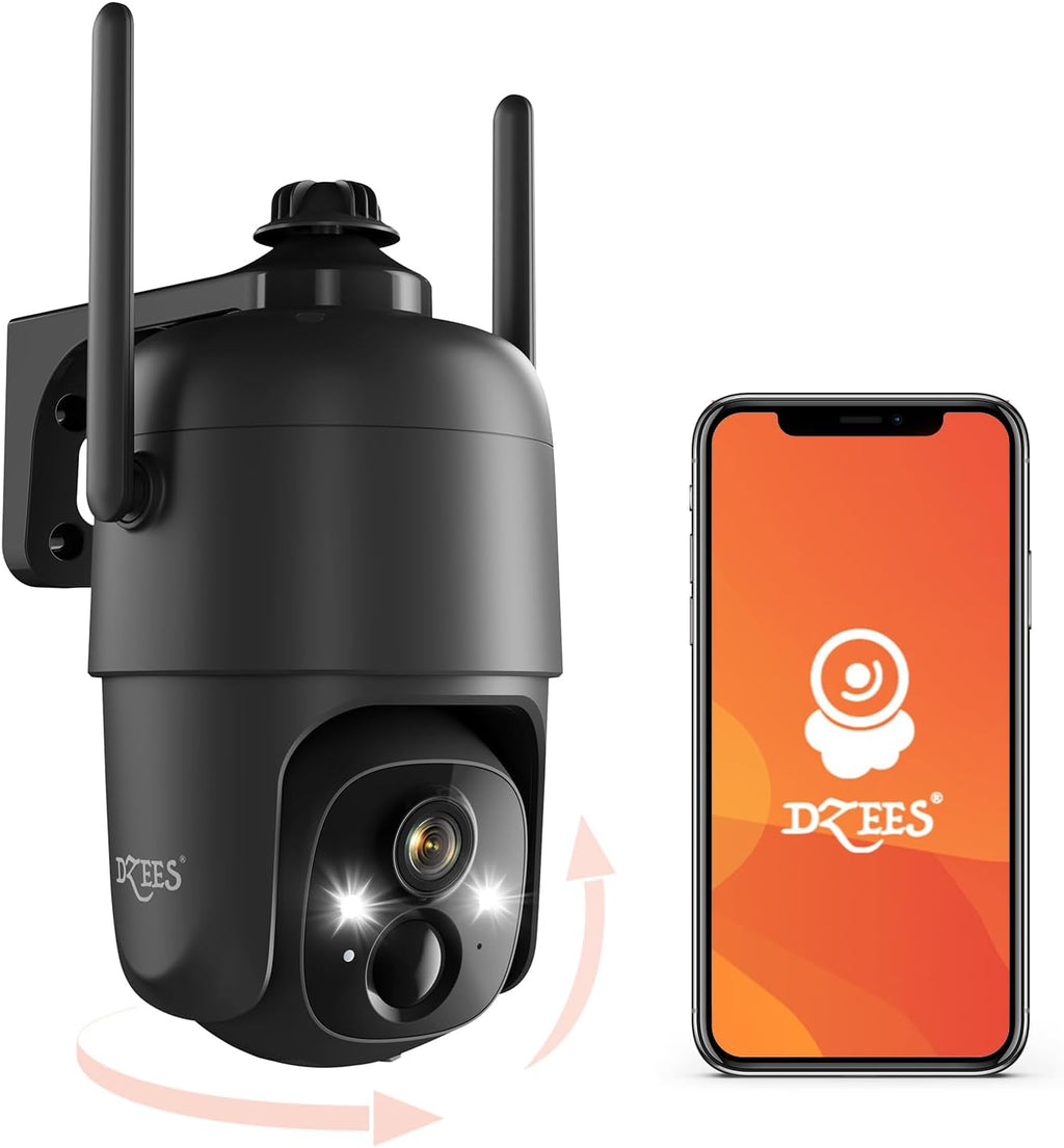 Dzees 360° PTZ WiFi Security Cameras Wireless Outdoor, 2K Battery Powered Home Security Camera Indoor, Spotlight & Siren, Color Night Vision, 2-Way Talk, AI Motion Detection, IP66, Cloud Stroage