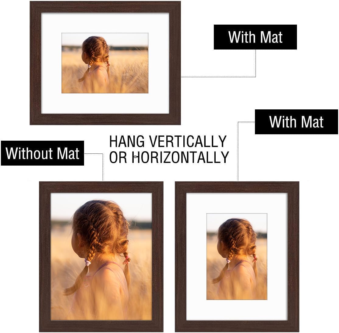 Golden State Art, 8x10 Picture Frame with Mat for 5x7 Photo - High Definition Glass Wall Mounting or Tabletop Display (Brown, 1 Pack)