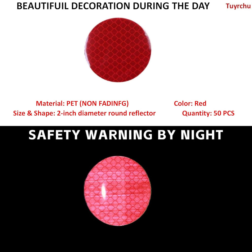 Non Fading Red Reflective Stickers 2-inch Diameter Round Reflector, Outdoor Waterproof High Visibility Warning Adhesive Tape (50 Pcs)