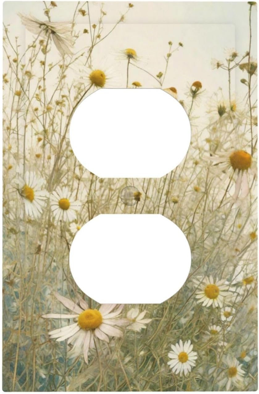 White Wildflowers Daisy Vintage Floral Outlet Covers 1 Gang Duplex Light Switch Cover Decorative Switch Plates Electrical Receptacle Faceplate Wall Plate for Bed Room Living Room Decor