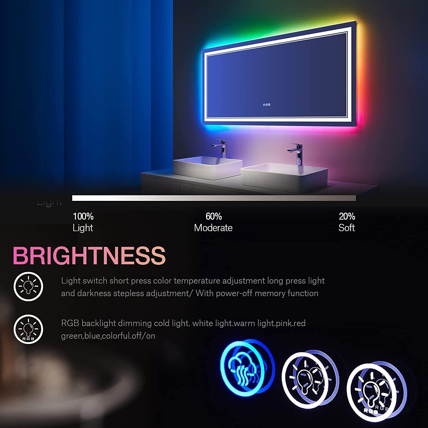 55x36 Inch RGB LED Bathroom Mirror with Lights, Color Changing RGB Backlit LED Mirror for Bathroom,Lighted Vanity Mirrors for Bathroom Wall, Dimmable, Anti-Fog (RGB Backlit+Front-Lit)