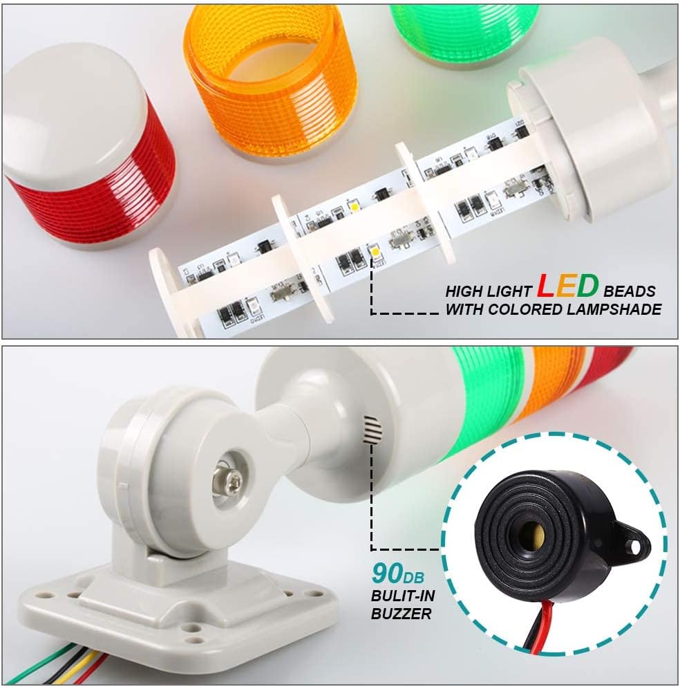 Signal Tower Stack Lights - Industrial Warning Lights with Rotatable Base, Steady/Flashing, 110V 220V AC (3-Layer, with Buzzer)