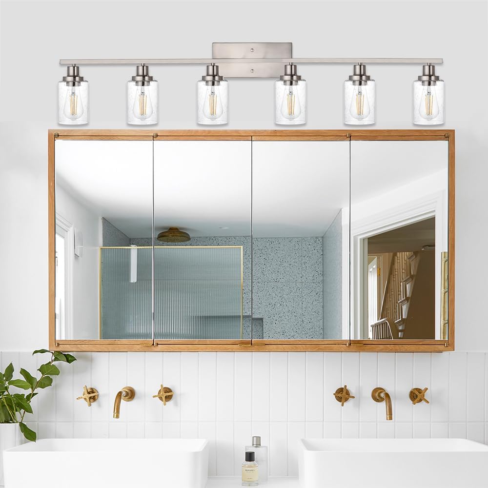 6-Lights Bathroom Vanity Light Fixtures with Seeded Glass Lampshades, 45.3-Inches Length Modern Brushed Nickel Wall Light Fixture for Kitchen Bathroom Lighting