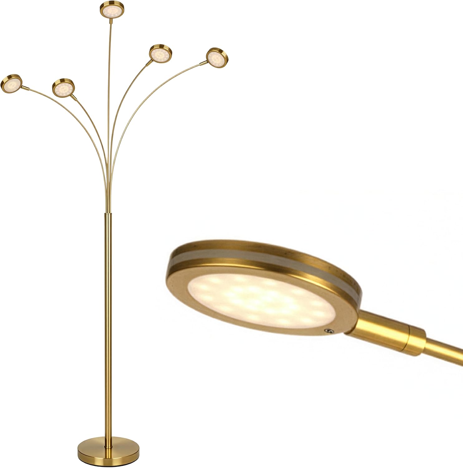 Brightech Orion Arc Floor Lamp for Living Room, Tree Floor Lamp with 5 Adjustable Arms, Multi-Head Standing Lamp with Flexible Rotating LED Lights for Bedroom, Dorm - Bright Hanging Lighting - Brass