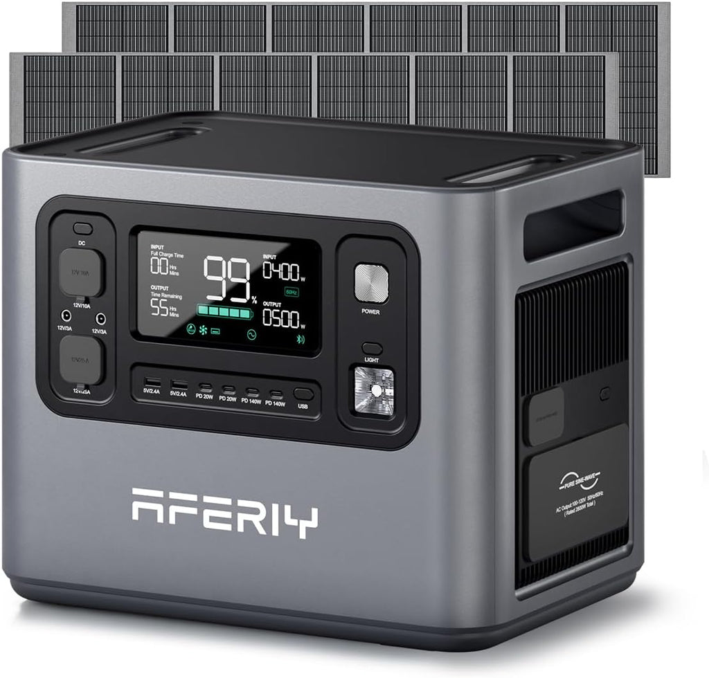 AFERIY 2800W Portable Power Station,P280 with 2pcs 400W Solar Panel,120V 2048Wh LiFePO4 Battery Backup,Solar Generator for Home Use,Outdoor Camping,Power Outage,Camping,RV,Emergencies