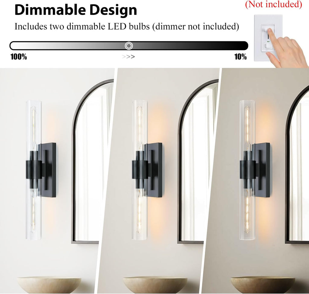 2-Light Matte Black Bathroom Light Fixtures with Glass Shades,Modern Wall Sconce for Bedroom Bath Mirror Lights.