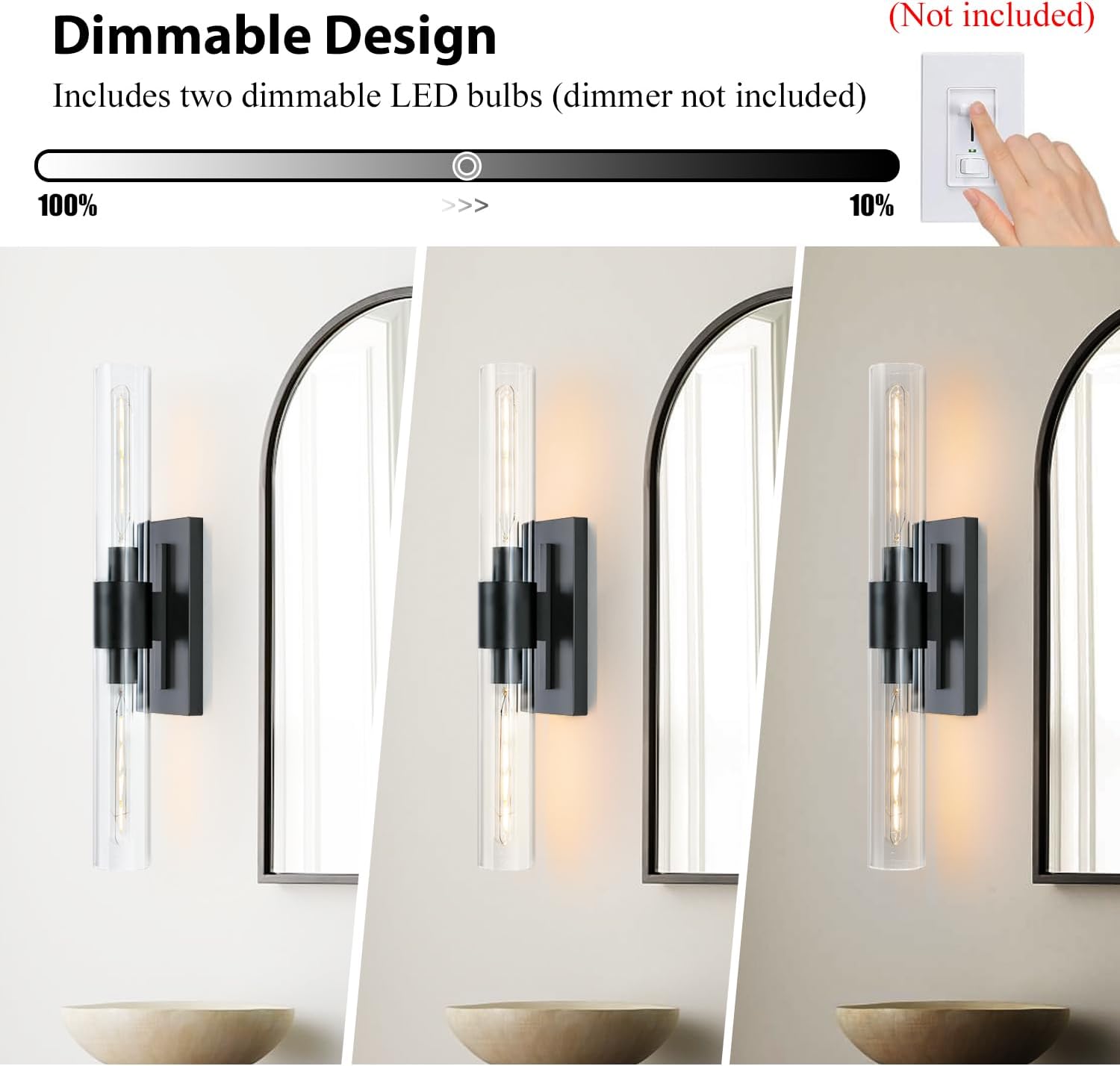 2-Light Matte Black Bathroom Light Fixtures with Glass Shades,Modern Wall Sconce for Bedroom Bath Mirror Lights.