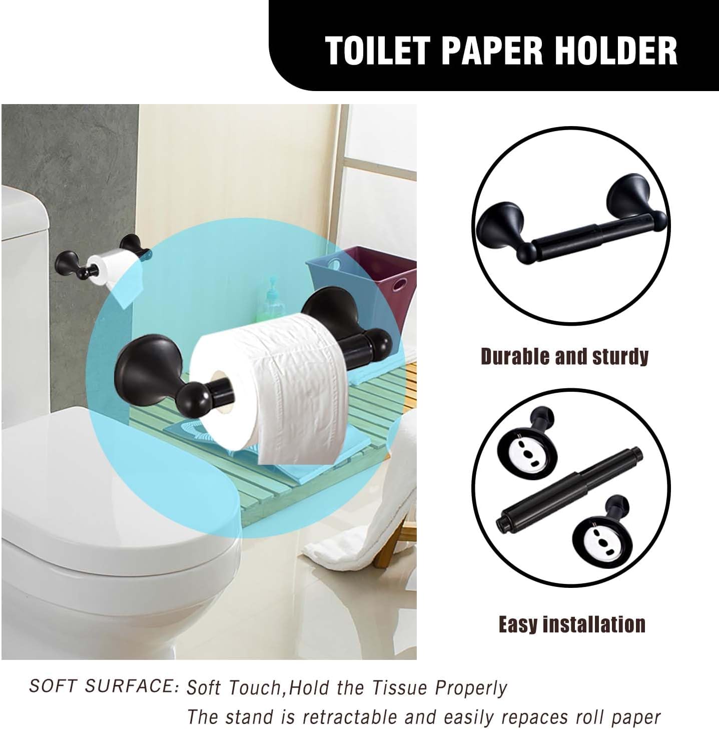 Matt Black Bathroom Accessory Set, Adjustable Towel Bar,Towel Ring,Toilet Paper Holder,Robe Hook 4-Piece Bathroom Hardware Set Wall Mounted (Matt Black)
