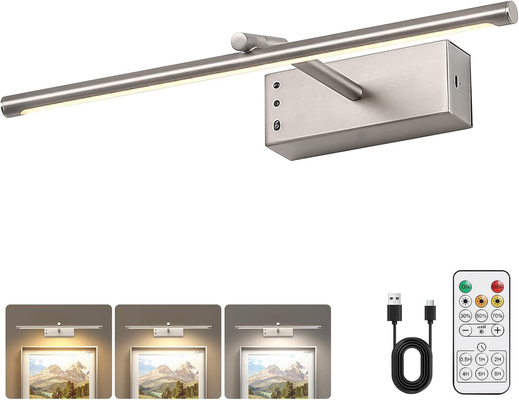 JOOSENLUX Battery Operated Picture Light 3CCT Dimmable Wireless Art Light for Paintings with Adjustable Swing Arm, 16-inch Brushed Nickel Gallery Light for Picture Display