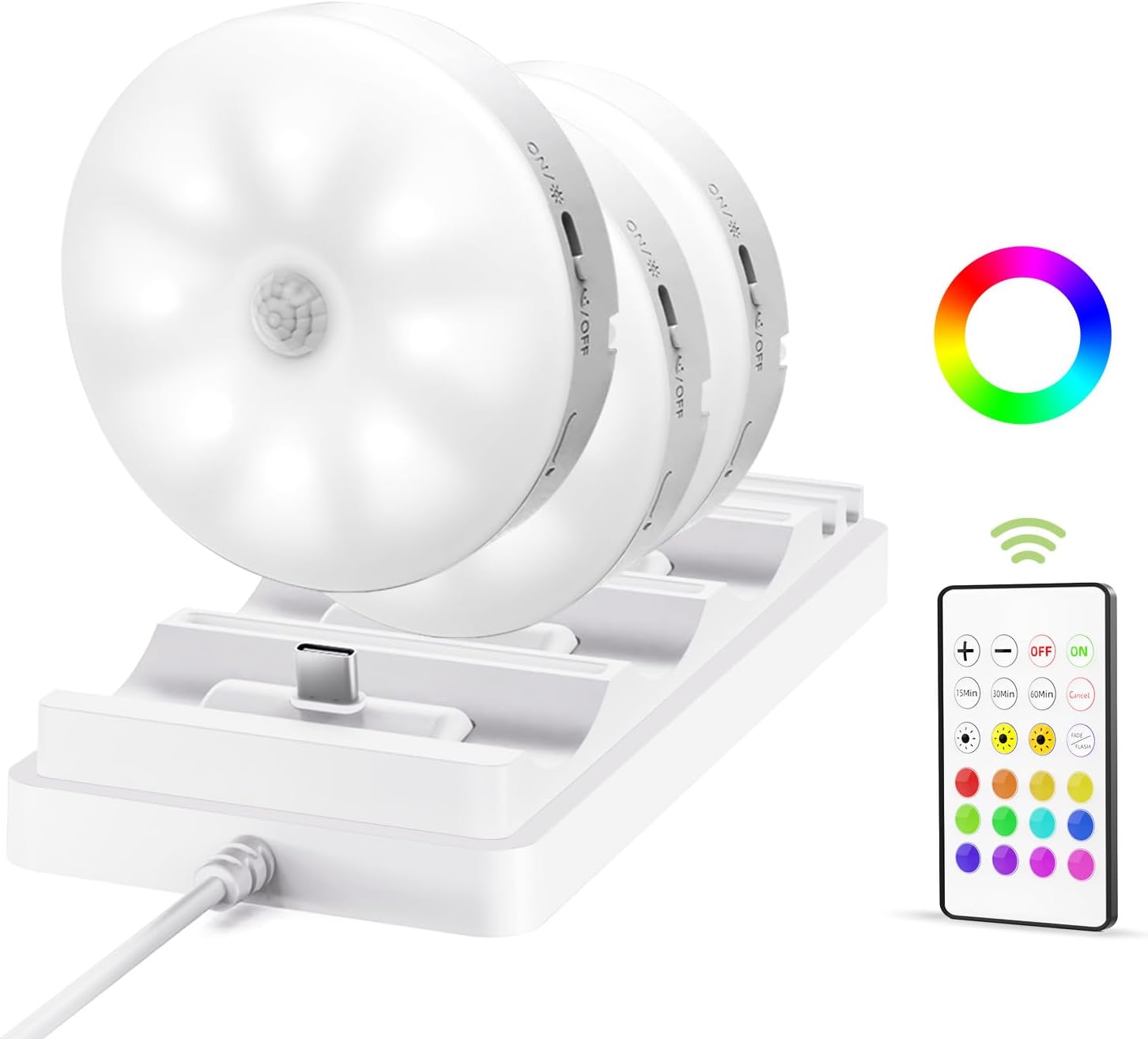 EZVALO Under Cabinet Lighting with Charging Station,1000mAh Rechargeable Puck Lights with Remote, 3 Color Temps & 12 RGB Closet Lights, Dimmable Motion Sensor Lights for Shelf, Kitchen (3 Packs)