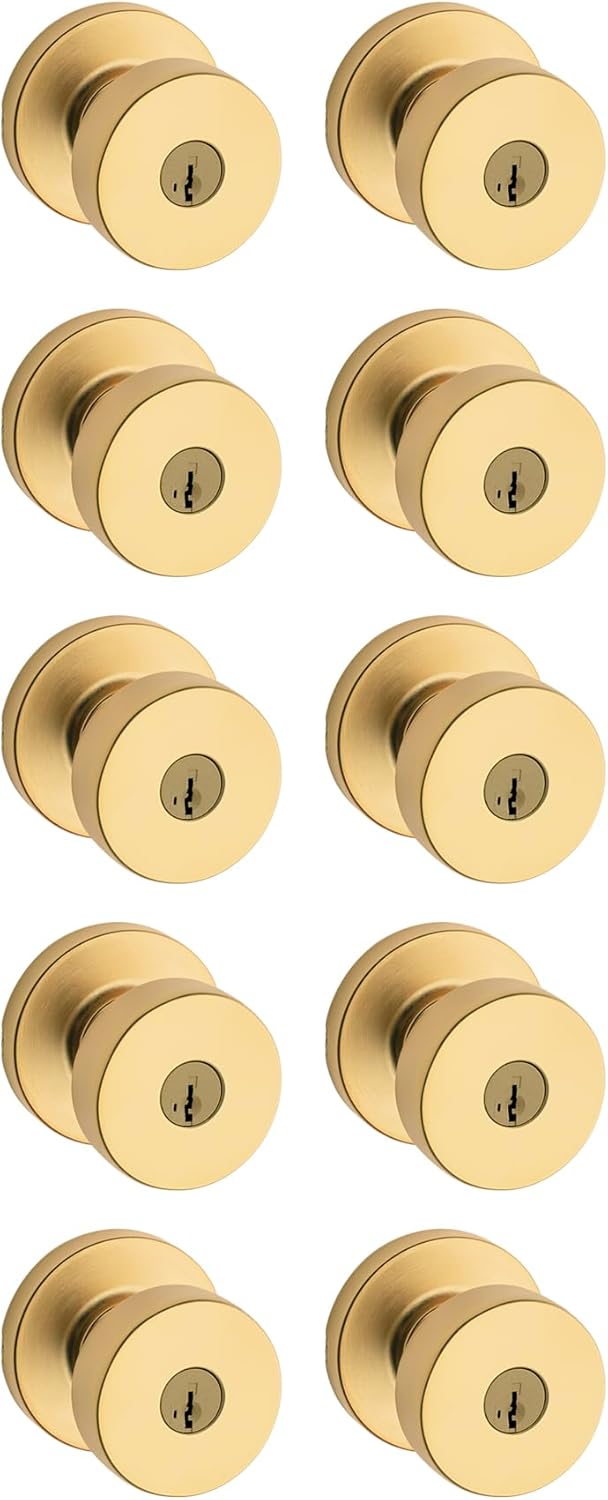 Kwikset Pismo Entry Door Knob with Lock and Key, Secure Keyed Handle Exterior, Front Entrance and Bedroom, Satin Brass, 10 Pack, Pick Resistant SmartKey Rekey Security