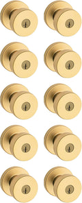 Kwikset Pismo Entry Door Knob with Lock and Key, Secure Keyed Handle Exterior, Front Entrance and Bedroom, Satin Brass, 10 Pack, Pick Resistant SmartKey Rekey Security