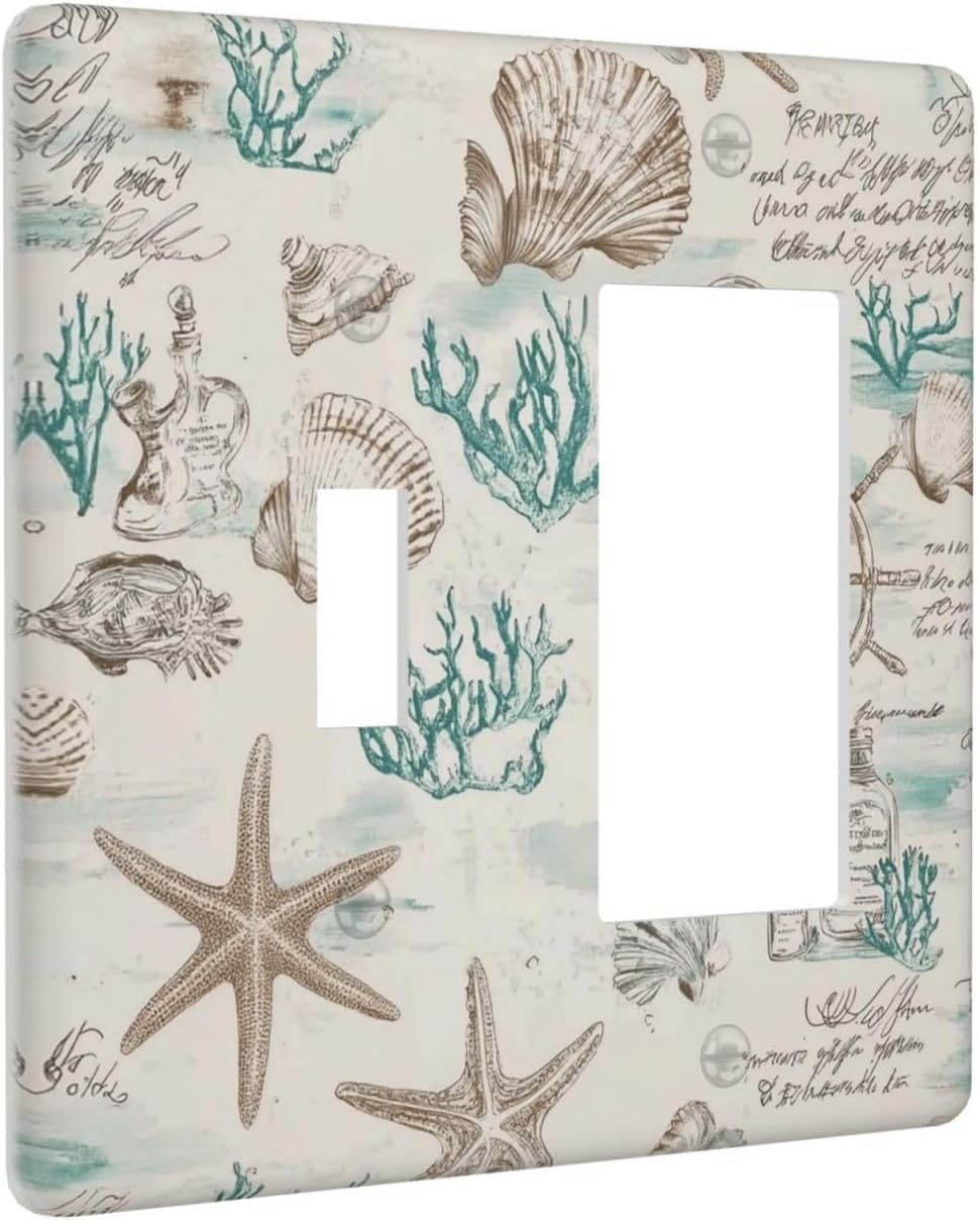 Mid Century Seashells Starfish Compass Outlet Covers 1 Toggle 1 Rocker Combination Decorative Wall Plate Electrical Switch Plates Light Switch Cover Plate For Nursery Kids Room Decor