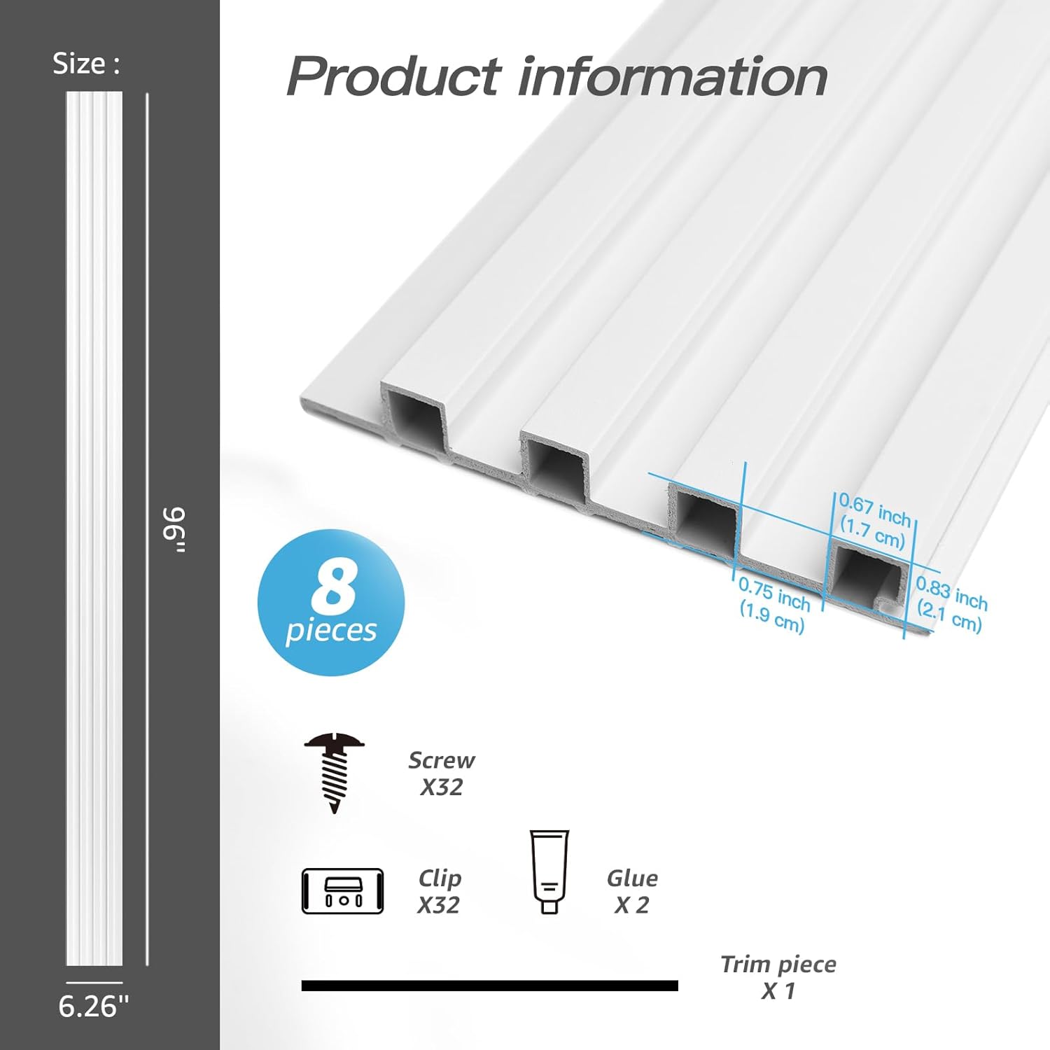 Art3d 8-Pack 96 x 6in. WPC Acoustic Slat Wall Panel for Modern Interior Decor, TV Background, Living Room, Matte White