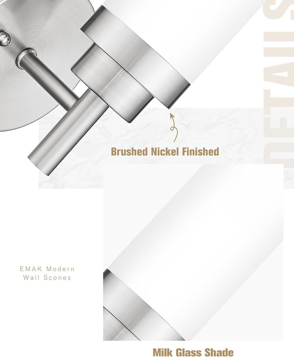 Emak Brushed Nickel Sconces Wall Lighting, Modern Vanity Lights with Milk Glass Shade, Wall Sconce for Bathroom, Bedroom, Living Room, Hallway, WS085-BN-ML-2PK