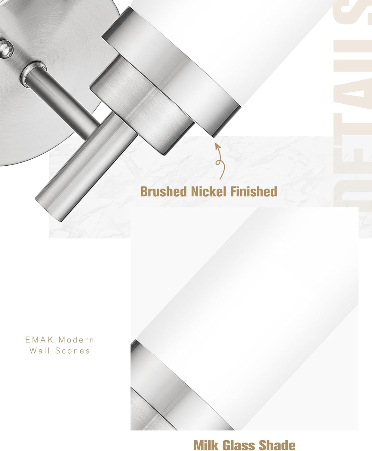 Emak Brushed Nickel Sconces Wall Lighting, Modern Vanity Lights with Milk Glass Shade, Wall Sconce for Bathroom, Bedroom, Living Room, Hallway, WS085-BN-ML-2PK