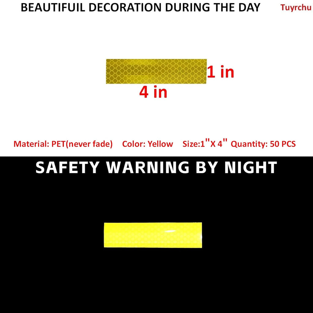 Non Fading Yellow Reflective Stickers 1 inch X 4 inch, Outdoor Waterproof High Visibility Warning Safety Adhesive Reflector Tape (50 Pcs)