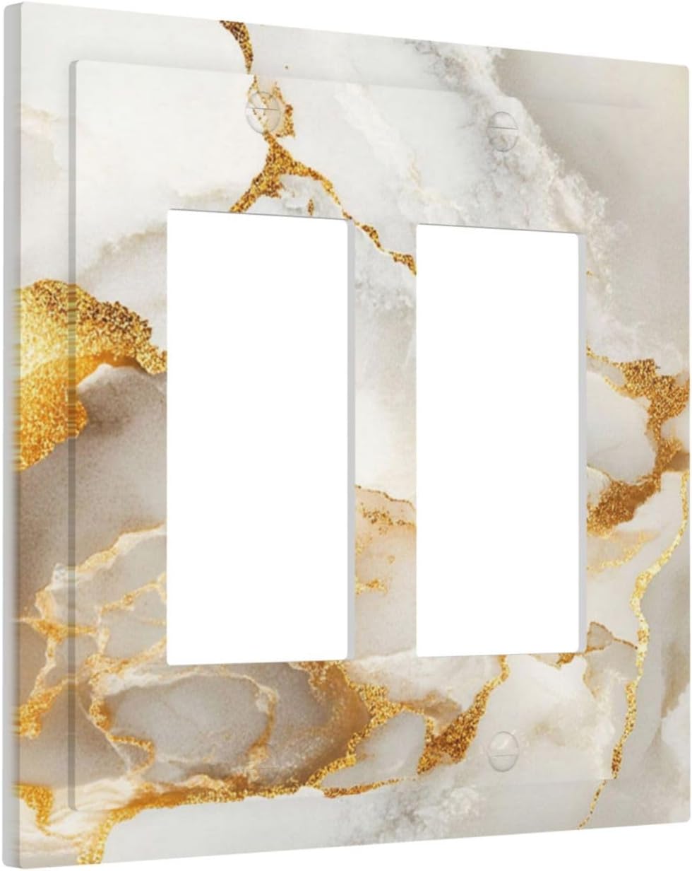Gold Marble Crack Simple Abstract Print Decorative Outlet Covers 2 Gang Double GFCI Rocker Electrical Wall Panels Light Switch Cover Plate for Bathroom Kitchen Home Decor