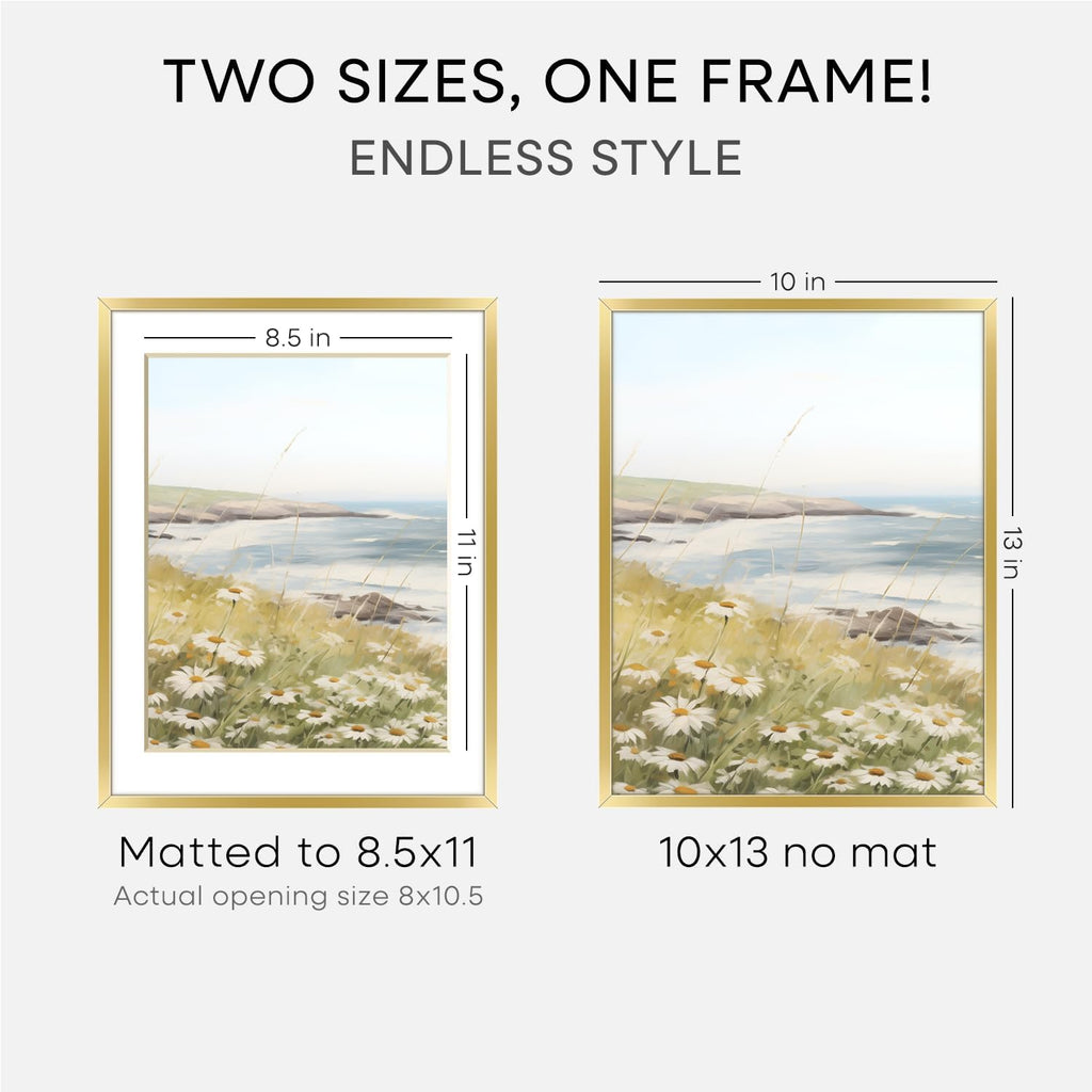 Homeforia 10x13 Picture Frame Gold, High End Metal 10x13 Poster Frames with Mat for 8.5x11, 10 x 13 Gold Frames Matted to 8.5 x 11 inch Photo, 10by13 Hanging Frames, Tempered Glass, Wall Kit, Set of 1