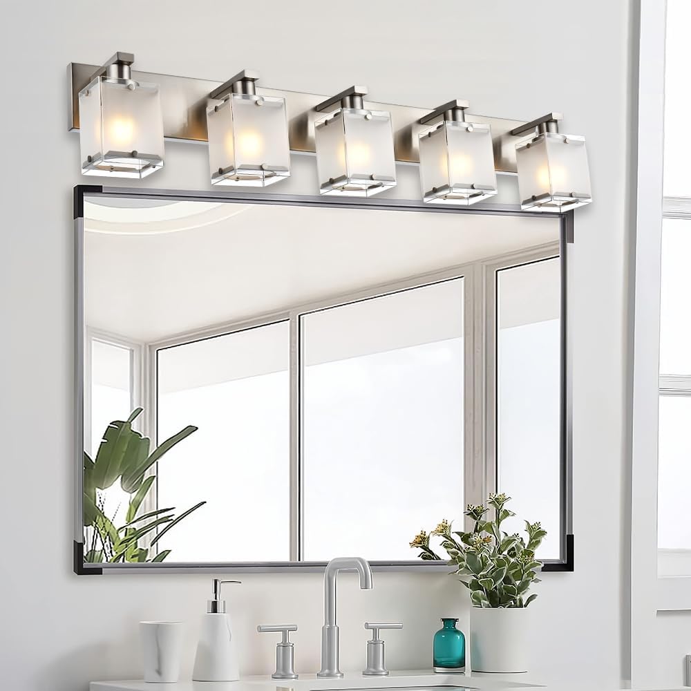 5-Lights Bathroom Vanity Light Fixtures, Modern Brushed Nickel Wall Sconce Lighting with Rectangular Frosted Glass Shades, E26 Bulb Base