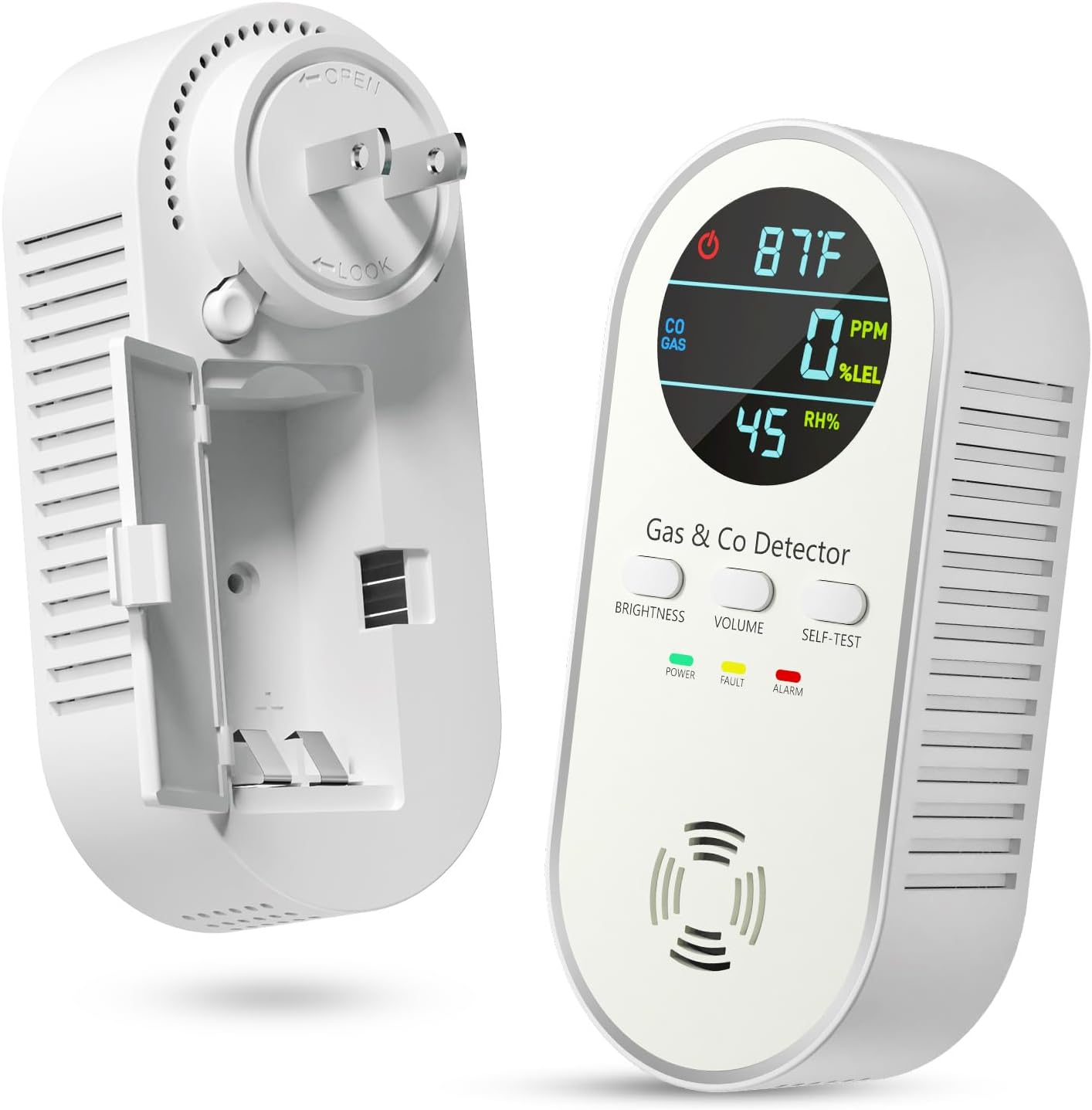 Carbon Monoxide Detectors & Natural Gas Leak Detector - 5-in-1 Carbon Monoxide Detectors Plug in - with Battery Backup - Brightness & Volume Adjustment for Home/RV//Hotel/Travel/Camping (White)