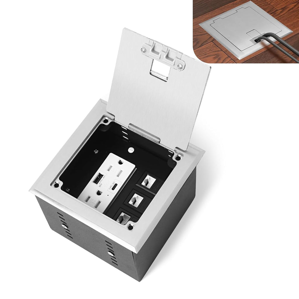 KYHSHJ Recessed Flat Hidden Socket Kit with 2 * 15A Receptacle，4.8A 1 USB-A Ports &1 USB-C Port+3-Port RJ45 Datacom Receptacle.Internal Height Adjustable，Corrosive Resistant Hardware,Silver