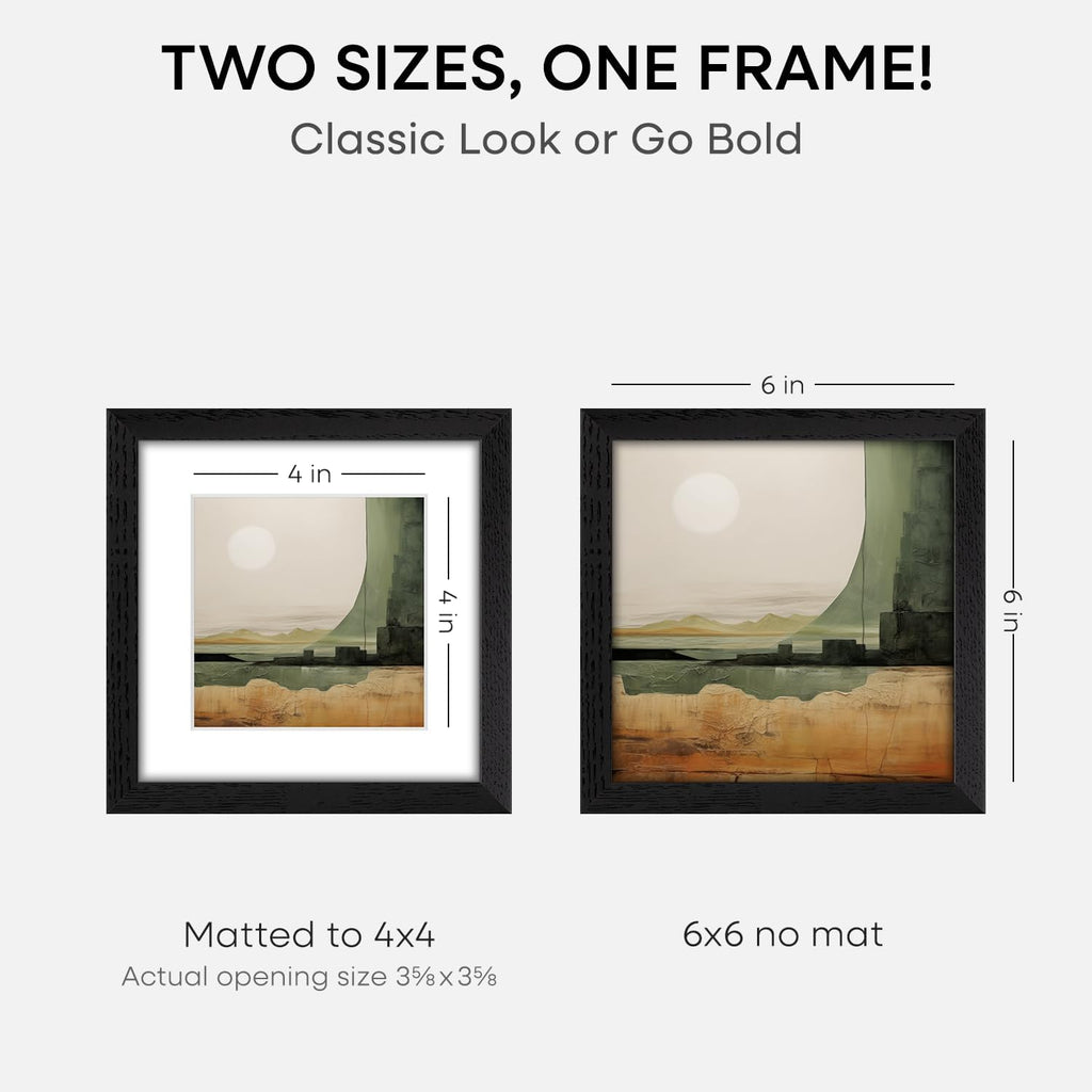 Homeforia 6x6 Picture Frame Black Wood, High-End Oak 6 x 6 Square Frames with Mat 4 by 4 inch Photo, 6x6 Wooden Frame Matted to 4x4 Art, 6by6 Wall or Tabletop Frame, Tempered Glass, Wall Kit, Set of 1