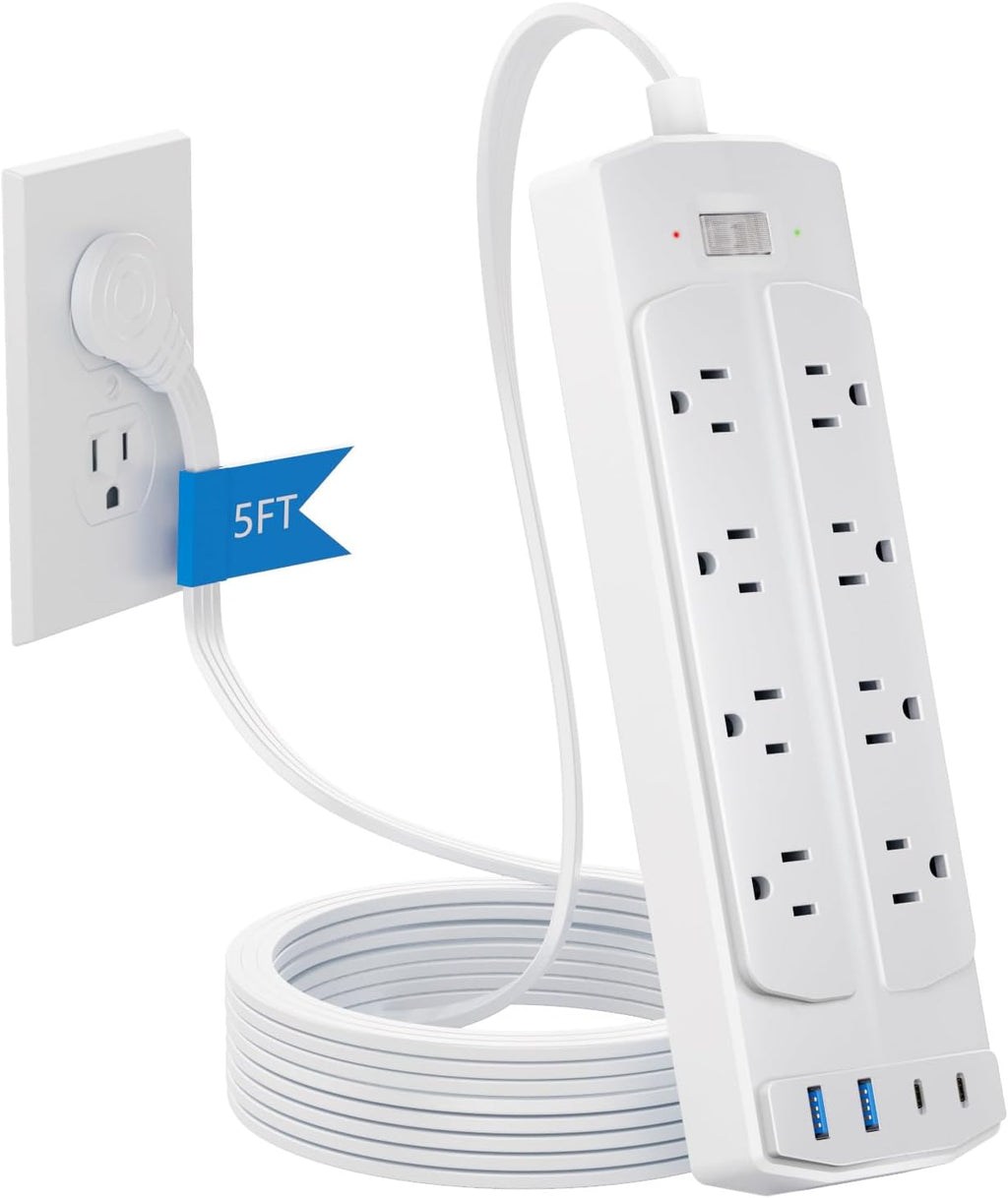 Surge Protector Power Strip, Yozisital Flat Plug Extension Cord with 8 AC Outlets & 4 USB Ports (2 USB-C), 5 FT Power Cord, 1200 Joules, Wall Mount, Desk Charging Station for Home Office, White